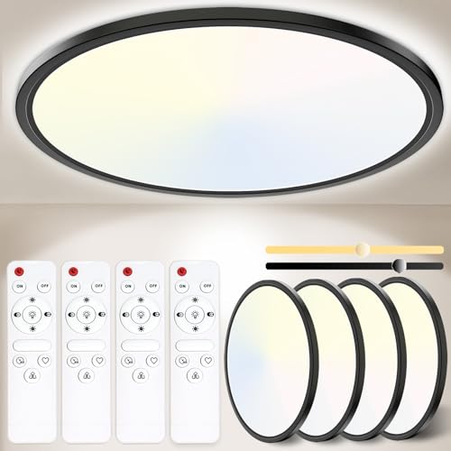 Yexati 4 Stücke LED Deckenleuchte 24W 3200LM Deckenlampe Flach Dimmbar mit Fernbedienung 3000K-6500K IP54 Ultra Dünn Schlafzimmer Lampe für Wohnzimmer Kinderzimmer Küche Badezimmer 29.5cm Rund Schwarz von Yexati