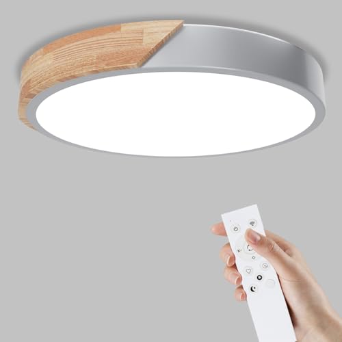 Yexati Deckenleuchte Holz, Dimmbare Decke 3000k-6000k, Ferngesteuerte LED-Deckenleuchte, 24-W-Moderne Leuchte für Wohnzimmer, und Flur, 30 cm ，Grau von Yexati