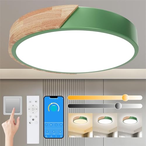 Yexati Deckenleuchte Holz, dimmbare Decke 3000k-6000k, ferngesteuerte LED-Deckenleuchte, 24-W-moderne Leuchte für Wohnzimmer, und Flur, 30 cm ，Grün von Yexati