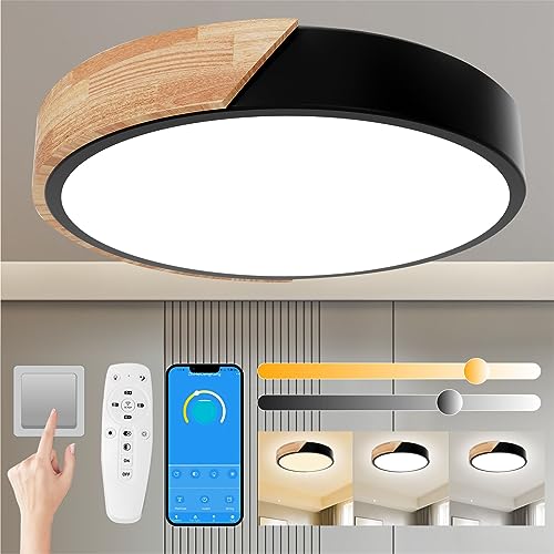 Yexati Deckenleuchte Holz, dimmbare Decke 3000k-6000k, ferngesteuerte LED-Deckenleuchte, 24-W-moderne Leuchte für Wohnzimmer, und Flur, 30 cm ，Schwarz von Yexati