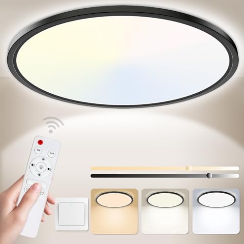 Yexati LED Deckenleuchte, 24W 3200LM Deckenlampe Flach Dimmbar mit Fernbedienung 3000K-6500K, IP54 Ultra Dünn Schlafzimmer Lampe für Wohnzimmer Kinderzimmer Küche Badezimmer Ø29.5cm Rund Schwarz von Yexati