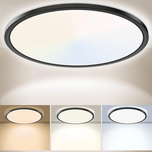 Yexati LED Deckenleuchte 24W 6000K/4000K/3000K, 3200LM IP54 Ultra Dünn Deckenlampe, Flach Rund Modern Badezimmer Lampe Schwarz Küchenlampe für Flur Schlafzimmer Balkon Wohnzimmer Küche Keller Ø30 CM von Yexati