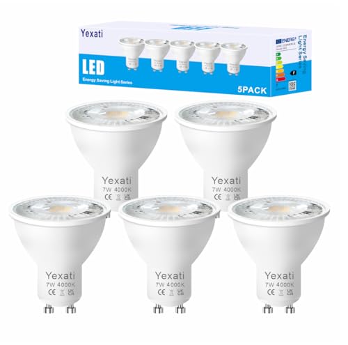 Yexati LED-Leuchtmittel, GU10,7 W (entspricht 50 W Halogen), ohne Flackern, Spot 550 Lumen, naturweiß, 4000 K, nicht dimmbar, AC 220 – 240 V, Abstrahlwinkel 120 °, 5 Stück von Yexati