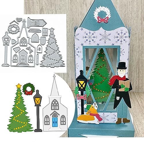 Weihnachtslaternen Baum Metall Stanzformen, Frohe Weihnachten Laterne Baum Lampe Haus Stanzschablonen DIY Scrapbooking Dekorative Prägepapier Scrapbooking Kartenherstellung von Yeyert