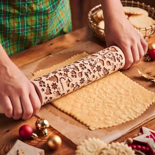 Präge-Teigrolle aus Holz, geprägt, mit weihnachtlichen Schneeflocken und Hirsch-Muster, Geschenkidee für die Küche, zum Backen von Gebäck, Kuchen, Keksen, Fondant, Gebäck, Kekse von Yezelend