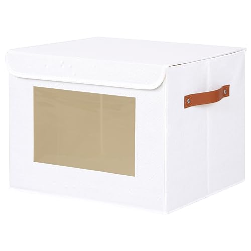 YheenLf Aufbewahrungsbox mit Deckel, Kleiderschrank Organizer, Stoffboxen mit transparentem Fenster, Faltbox mit Griff, 1 Stück, Weiß 33x23x20cm von YheenLf