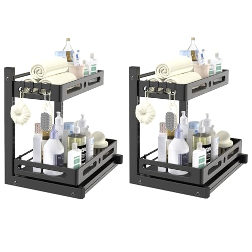 YheenLf 2er Set Unter Waschbecken Regal, 2 Etagen Standregal küchen Organizer, Mehrfunktional Küchenregal Gewürzregal Unterschrankregal Spülschrankregal, Schwarz von YheenLf