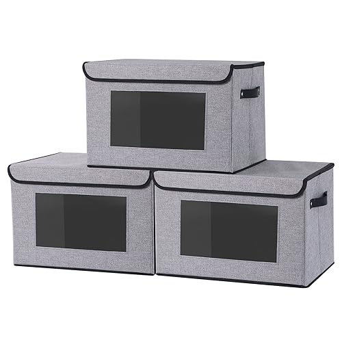 YheenLf Aufbewahrungsbox mit Deckel, Kleiderschrank Organizer, Stoffboxen mit transparentem Fenster, Faltbox mit Griff, 3 Stück, Grau,45x30x30cm von YheenLf