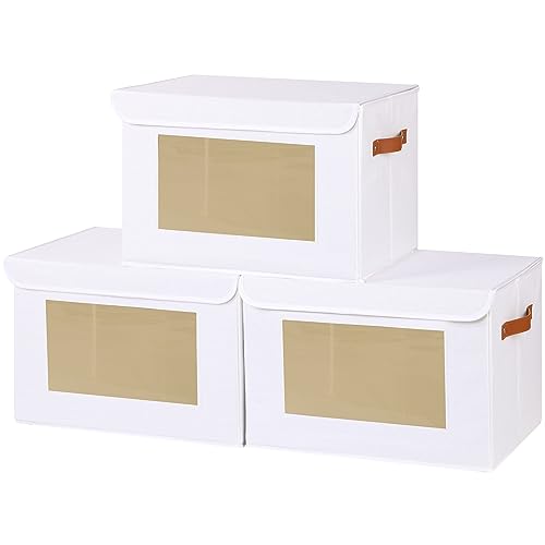 YheenLf Aufbewahrungsbox mit Deckel, Kleiderschrank Organizer, Stoffboxen mit transparentem Fenster, Faltbox mit Griff, 3 Stück, Weiß 33x23x20cm von YheenLf
