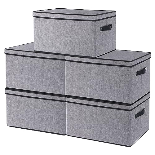 YheenLf 5 Pack Aufbewahrungsbox mit Deckel, faltbare Stoffbox mit Griff, verwendet für die Aufbewahrung von Kleidung, Bücher, Grau, 38x25x21cm von YheenLf