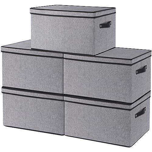 YheenLf 5 Pack Aufbewahrungsbox mit Deckel, faltbare Stoffbox mit Griff, verwendet für die Aufbewahrung von Kleidung, Bücher, Grau, 42x30x26cm von YheenLf