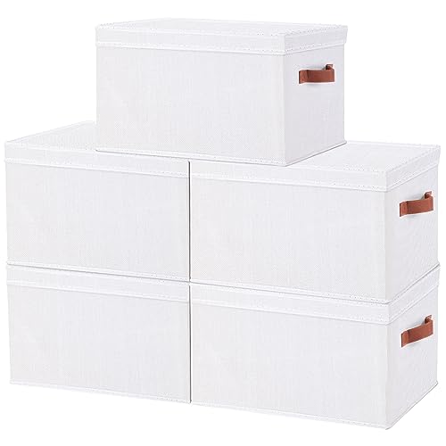 YheenLf 5 Pack Aufbewahrungsbox mit Deckel, faltbare Stoffbox mit Griff, verwendet für die Aufbewahrung von Kleidung, Bücher, Hellgrau,weiß 33x23x18cm von YheenLf