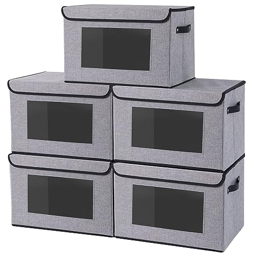YheenLf Aufbewahrungsbox mit Deckel, Kleiderschrank Organizer, Stoffboxen mit transparentem Fenster, Faltbox mit Griff, 5 Stück, Grau,45x30x30cm von YheenLf