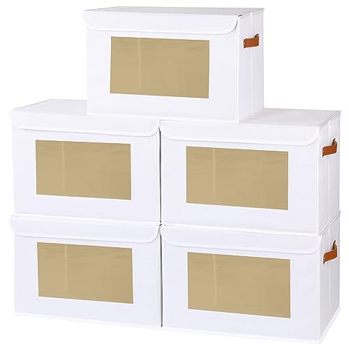 YheenLf Aufbewahrungsbox mit Deckel, Kleiderschrank Organizer, Stoffboxen mit transparentem Fenster, Faltbox mit Griff, 5 Stück, Weiß, 38x25x25cm von YheenLf