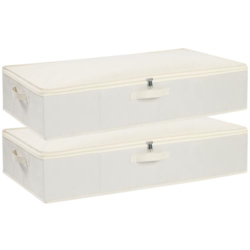 YheenLf Aufbewahrungsbox mit Deckel, Faltbare Kleideraufbewahrung mit Verstärktem Griff und Reißverschluss für Bettdecken Decken Kleidung, Beige, 2-Pack, 80x40x15cm von YheenLf