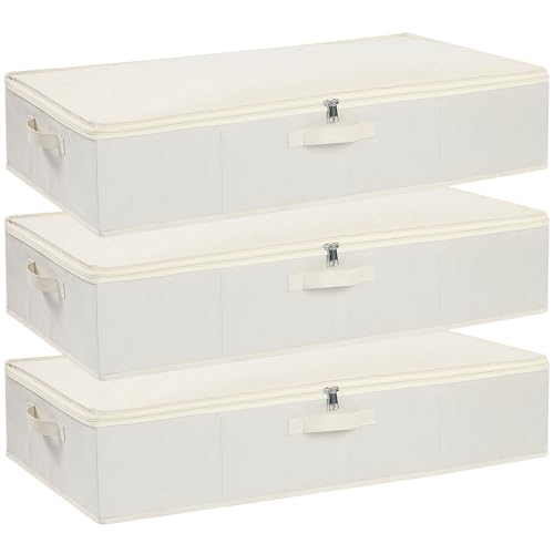 YheenLf Aufbewahrungsbox mit Deckel, Faltbare Kleideraufbewahrung mit Verstärktem Griff und Reißverschluss für Bettdecken Decken Kleidung, Beige, 3-Pack, 80x40x15cm von YheenLf