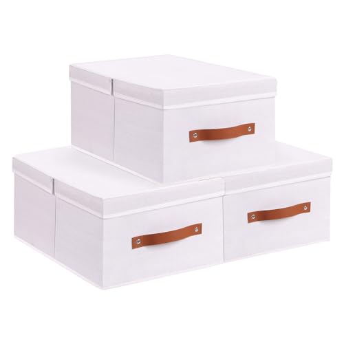 YheenLf Aufbewahrungsbox mit Griffen, Faltbare Stoff Aufbewahrung mit Deckel, Aufbewahrungsboxen für Bücher, Kleidung, Weiß, 3 Stück,33x23x14cm von YheenLf