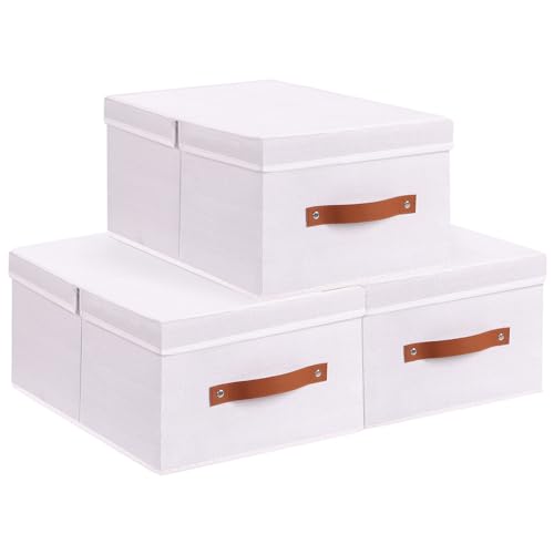 YheenLf Aufbewahrungsbox mit Griffen, Faltbare Stoff Aufbewahrung mit Deckel, Aufbewahrungsboxen für Bücher, Kleidung, Weiß, 3 Stück,47x28x20cm von YheenLf