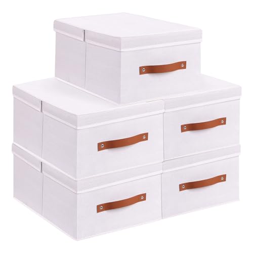 YheenLf Aufbewahrungsbox mit Griffen, Faltbare Stoff Aufbewahrung mit Deckel, Aufbewahrungsboxen für Bücher, Kleidung, Weiß, 5 Stück,41x25x16.5cm von YheenLf