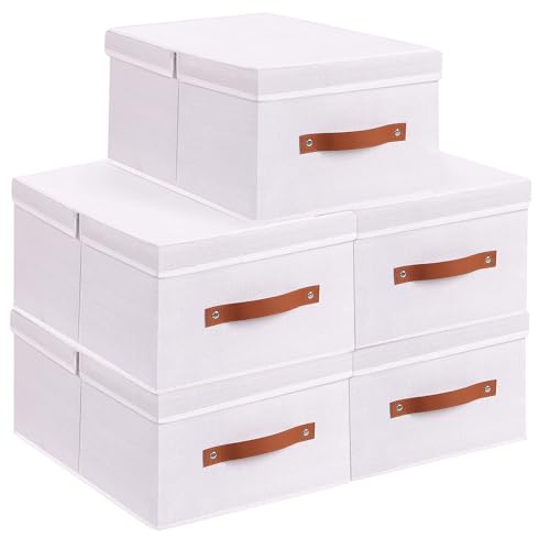 YheenLf Aufbewahrungsbox mit Griffen, Faltbare Stoff Aufbewahrung mit Deckel, Aufbewahrungsboxen für Bücher, Kleidung, Weiß, 5 Stück,47x28x20cm von YheenLf