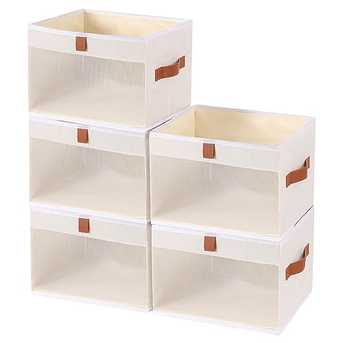 YheenLf Faltbare Aufbewahrungsbox, Aufbewahrungswürfel mit transparenten Fenstern,Stoffkorb,Regale,Schrank Organizer,zur Aufbewahrung von Kleidung,Bücher (Beige,32x32x23cm,5-Pack) von YheenLf