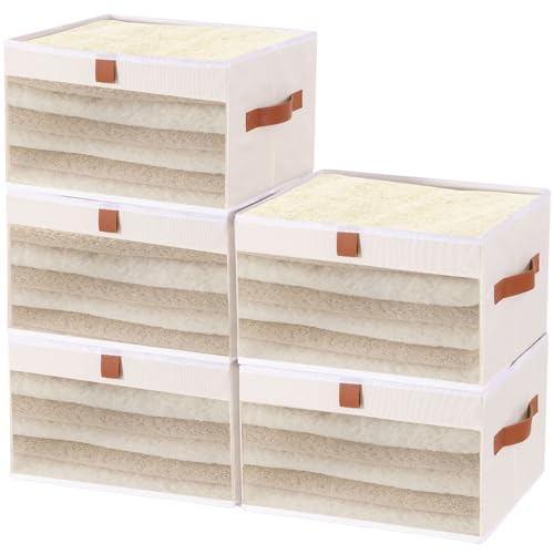 YheenLf Faltbare Aufbewahrungsbox, Aufbewahrungswürfel mit transparenten Fenstern,Stoffkorb,Regale,Schrank Organizer,zur Aufbewahrung von Kleidung,Bücher (Beige,38x25x25cm,5-Pack) von YheenLf