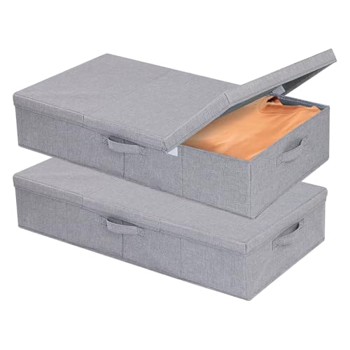 YheenLf Unterbettkommode mit Deckel, Unterbett Aufbewahrungstasche, Faltbare Kleideraufbewahrung mit Griff für Bettdecken Decken Kleidung, Grau, 2-Pack, 60x30x15cm von YheenLf