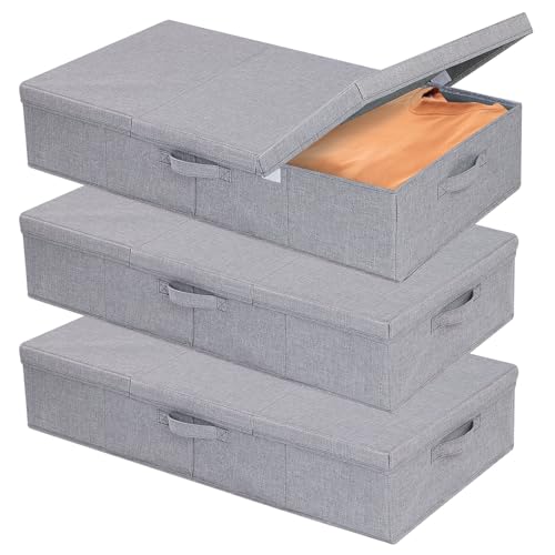 YheenLf Unterbettkommode mit Deckel, Unterbett Aufbewahrungstasche, Faltbare Kleideraufbewahrung mit Griff für Bettdecken Decken Kleidung, Grau, 3-Pack, 60x30x15cm von YheenLf