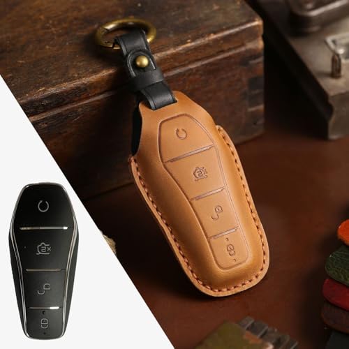 Premium Leder Autoschlüssel Hülle für BYD Atto 3 Han EV - maßgeschneiderte Passform für optimale Funktionalität (Braun) von Yhenlovtt