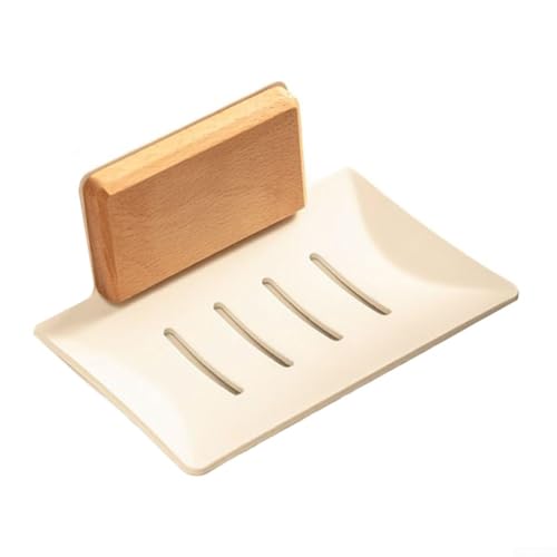 Seifenschale aus natürlichem Walnussholz zur Wandmontage mit Drainagesystem für Badezimmer, Holzseifenhalter mit Aluminiumbasis, Selbstmontage, kein Bohren erforderlich (A Holz + Weiß) von Yhenlovtt