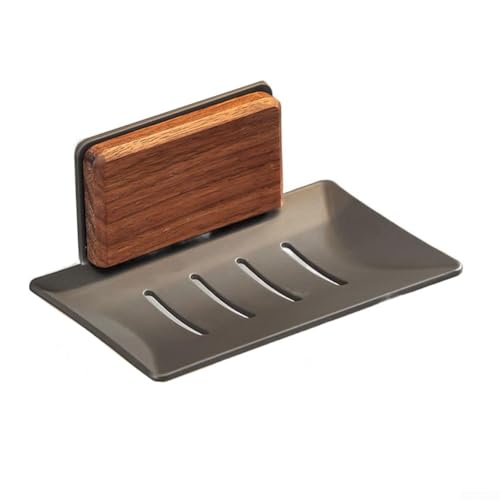 Seifenschale aus natürlichem Walnussholz zur Wandmontage mit Drainagesystem für Badezimmer, Holzseifenhalter mit Aluminiumbasis, Selbstmontage, kein Bohren erforderlich (A Walnuss + Grau) von Yhenlovtt