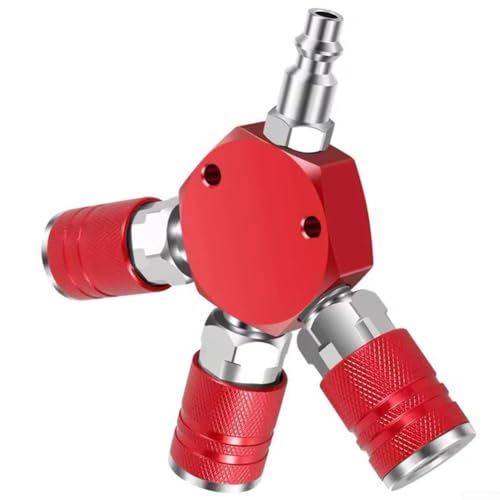Yhenlovtt 3-Wege-Luftverteiler mit 1/4 Zoll NPT-Anschluss, 3 schnelle Messing-Kupplung, Sechskant-Stil, Luftkompressor-Schlauch-Verteiler (rot) von Yhenlovtt