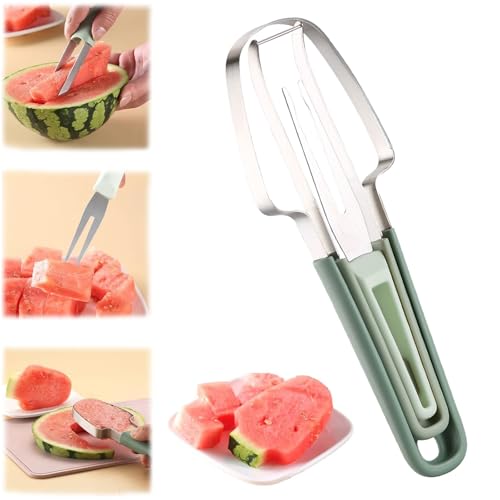 3-in-1 Obstschneider aus Edelstahl,Wassermelonen Schneider,Multifunktionaler Melonenausstecher,Kitchen Gadgets,Ananasschneider, Schneidemesser Sommer,Obstgabeln Schneidemesser mit rundem Griff -Grün von Yhjxly