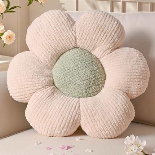 Yhoelata Blumenkissen, Creme Grün Blumengestalt Zierkissen, Plüsch Bodenkissen für Sofa & Bett Kinderzimmer, Mädchen Dekoratives Gänseblümchen Design Wohnkissen 50cm von Yhoelata