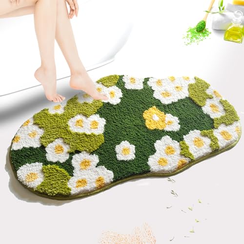Yhoelata Badematte mit Moos-Blumenmuster, niedlicher Pflanzen-Toilettenteppich, Frühlingsblumen-Badezimmerteppich, grüner ästhetischer Zotteldekor-Teppich, weich, saugfähig, rutschfest, von Yhoelata