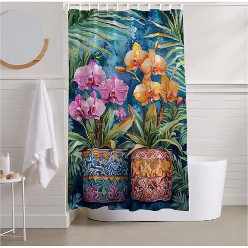 Duschvorhang 240 x 200 Landschaft Duschvorhang Wasserdicht Extra Lang Duschrollo Blumentopf Shower Curtains Polyester Beschwerter Saum mit Duschvorhangringe für Hotel Dormitory, Badezimmer Deko R2-531 von Yhoonn