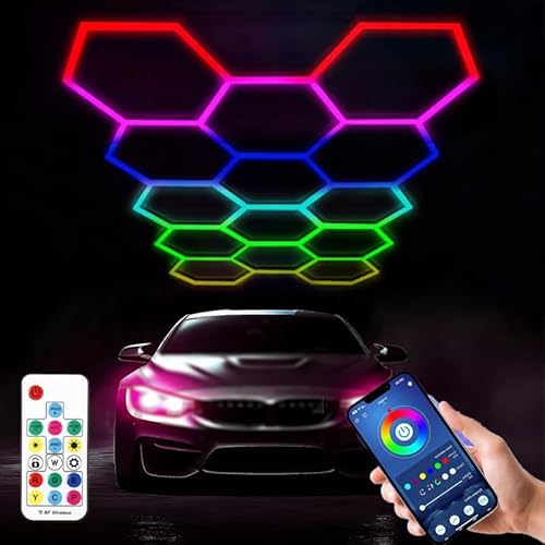 YhsPkAh Sechseckige LED-Leuchten Mit 5/11/14 Rastern, 6500 K DIY-LED-Wabendeckenleuchte, Mit App Und Fernbedienung, Einfache Installation, Für Gaming-Wandpaneele, Garage 14Lights von YhsPkh