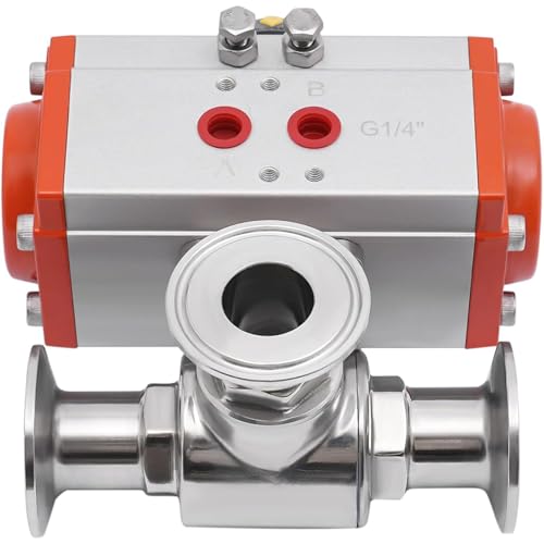 YiAndeli 1 Zoll Tri-Clamp Sanitärkugelhahn, 3 Wege T-Anschluss Doppelantrieb Edelstahl Standard G1/4 Zoll Gewinde PTFE Dichtung Kugelhahn Für Rohrleitungssysteme Orange,1 von YiAndeli