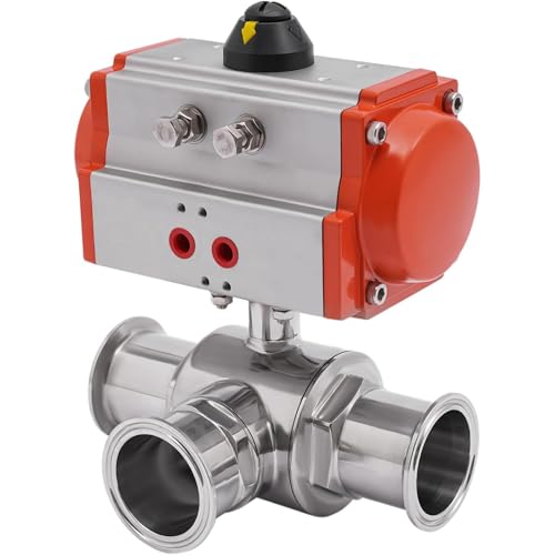 YiAndeli 2 Zoll Pneumatischer 3-Wege-Sanitärkugelhahn, Edelstahl Doppelantrieb Tri-Clamp Kugelhahn Für Rohrleitungssysteme, PTFE-Dichtung 227 PSI 15Nm Maximales Drehmoment Orange,1 von YiAndeli
