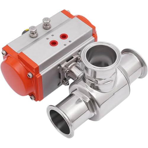 YiAndeli Pneumatisch Kugelhahn, 2 Zoll 3-Weg Sanitär Kugelhähne Mit T-Anschlüssen, Edelstahl Doppeltwirkend Kugelhahn Für Rohrleitungssysteme, PTFE-Dichtung Orange,1 von YiAndeli
