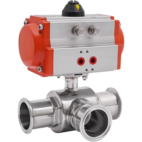 YiAndeli Pneumatischer 3-Wege-Sanitärkugelhahn, 2 Zoll Edelstahl Doppelantrieb Tri-Clamp Kugelhahn Für Rohrleitungssysteme, PTFE-Dichtung Orange,1 von YiAndeli