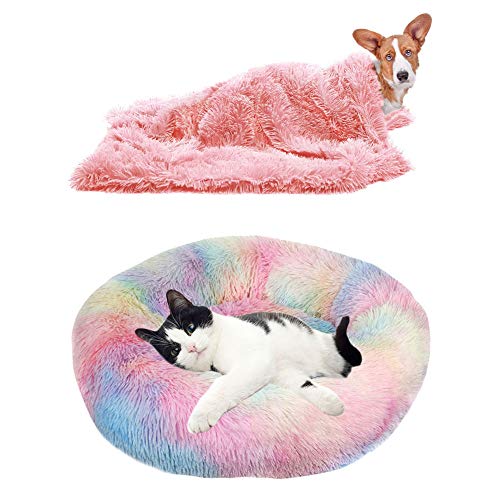 YiCTe Katzenbett Nettes Hundebett Waschbares Haustierbett Kissen Donut Hundebett Extra weich Bequem und geeignet für Katzen und kleine mittelgroße große Hunde (40 cm Durchmesser),Tie-Dye-Regenbogen von YiCTe