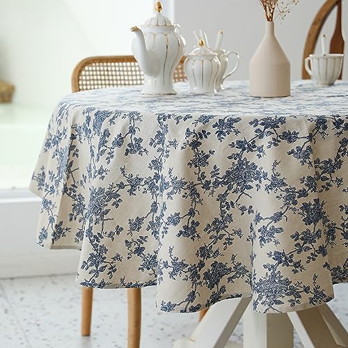 Pastorale runde Tischdecke, 152 cm Durchmesser, Leinenstoff, waschbar, staubdicht, knitterfrei, für Restaurant, Picknick, Innen- und Außenbereich, Blumenmuster (dunkelblau) von YiHomer