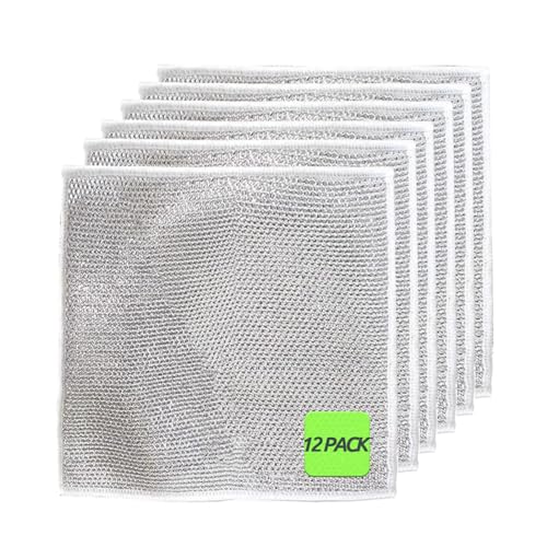 YiJee Mehrzweck-Geschirrspüllappen aus Draht - 12 Stück - Nass und Trocken, Doppellagig, Kratzfest - Wiederverwendbare Geschirrtücher für Pfannen, Töpfe, Herd, Küche und Haushalt (Silber) von YiJee