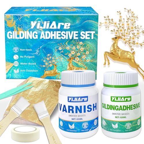 Blattgold Vergoldungs Kleber Set, wasserbasiert 120 ml Goldblattkleber und 120 ml Lack, 100 blattgold zum basteln, geeignet für Goldfolienkunst, Handwerk, Malerei, Möbel und Dekoration Blattgold Vergoldungs Kleber Set, wasserbasiert 120 ml Goldblattkleber und 120 ml Lack, 100 blattgold zum basteln, geeignet für Goldfolienkunst, Handwerk, Malerei, Möbel und Dekoration von YiJiAre