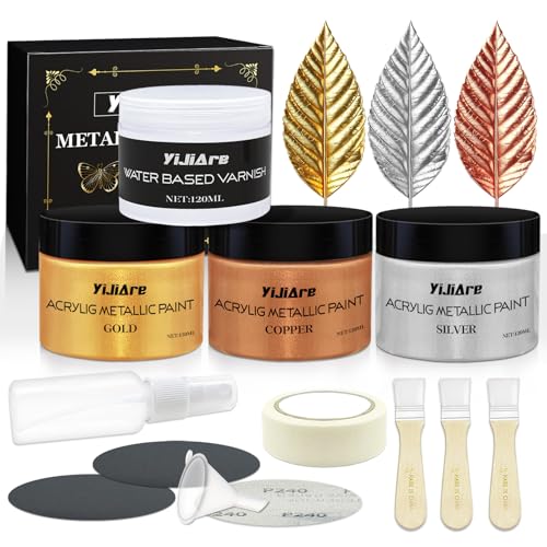 YiJiAre Acrylfarbe Metallic Gold Set - 3 Farben Silber, Kupfer & Gold Blattfarbe für Basteln, Home Decor und DIY-Projekte, ungiftig, wasserbasiert, inklusive wasserbasiertem Lack zum Schutz 4 * 120ml von YiJiAre