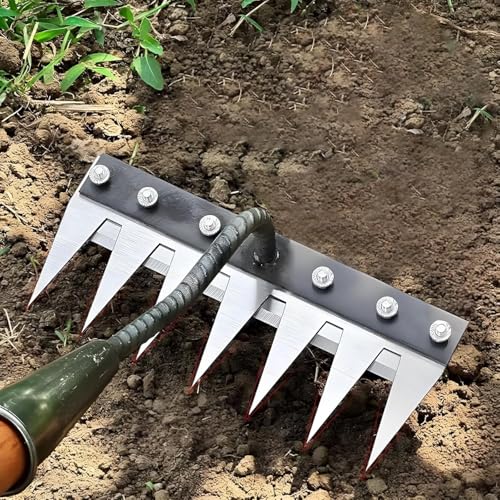 Garteneisen | Unkrautrechen Garten Weeder Eisenrechen mit Karbonstahlzähnen, 5/6/7/8 Zähne Unkrautentferner Gartengerät für Rasenvertikutieren, Nivellierharke, Rechen & Arbeiten der Erde (7 Zähne) von YiKAiLi