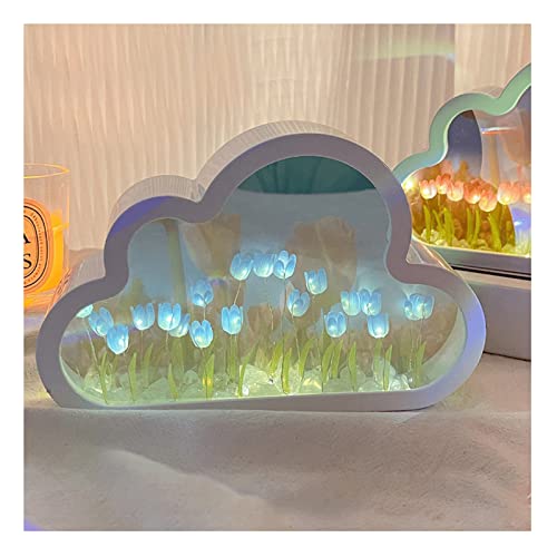 Tulpen Lampe, Wolken Tulpenlampe mit Spiegel, Tulpen Nachtlicht, LED Wolken Tulpen Spiegel Nachtlicht, DIY Simulationsblume Atmosphärenlicht für Schlafzimmer Schlaftisch Wohnzimmer Deko (Blau) von YiKAiLi