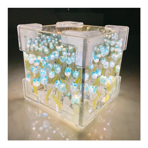 YiKAiLi Tulpen Nachtlicht, DIY Tulpenwürfel Spiegel Lampe, LED Blumen Tulpen Licht Schreibtischlampe mit Einstellbarer Helligkeit & USB-Aufladung für Tisch Schlafzimmer Heim Dekoration (Blau) von YiKAiLi