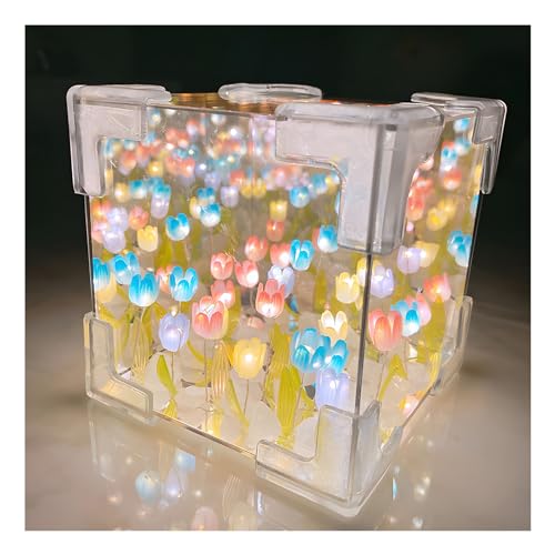 YiKAiLi Tulpen Nachtlicht, DIY Tulpenwürfel Spiegel Lampe, LED Blumen Tulpen Licht Schreibtischlampe mit Einstellbarer Helligkeit & USB-Aufladung für Tisch Schlafzimmer Heim Dekoration (Bunt) von YiKAiLi